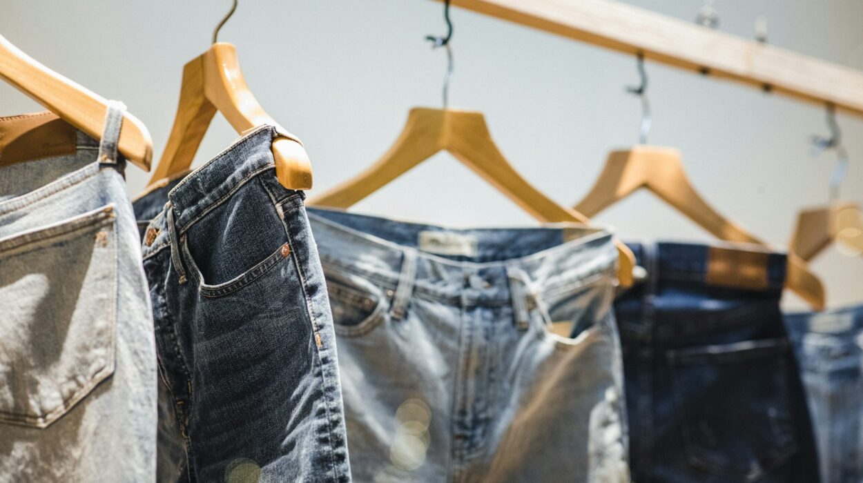 selective focus photography of hanged denim jeans