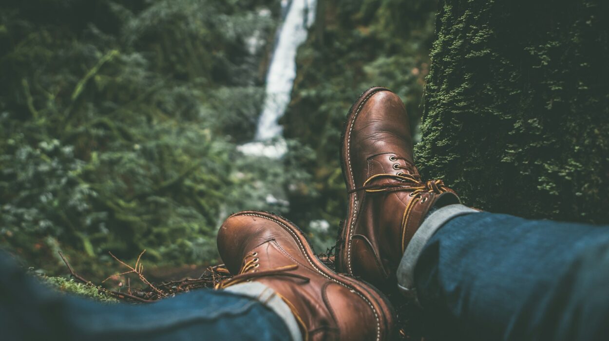 person wearing brown leather boots near green leafed plants